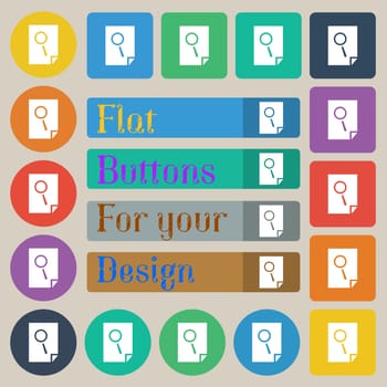 Search in file sign icon. Find in document symbol. Set of twenty colored flat, round, square and rectangular buttons. illustration