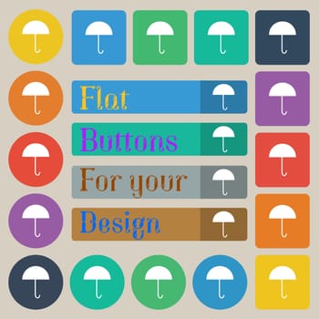 Umbrella sign icon. Rain protection symbol. Set of twenty colored flat, round, square and rectangular buttons. illustration