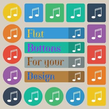 Music note sign icon. Musical symbol. Set of twenty colored flat, round, square and rectangular buttons. illustration