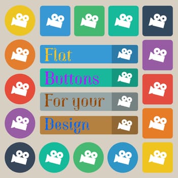 Video camera sign icon. content button. Set of twenty colored flat, round, square and rectangular buttons. illustration