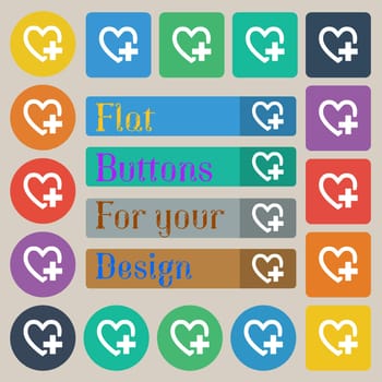 Heart sign icon. Love symbol. Set of twenty colored flat, round, square and rectangular buttons. illustration