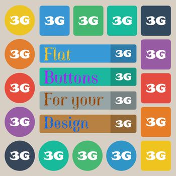 3G sign icon. Mobile telecommunications technology symbol. Set of twenty colored flat, round, square and rectangular buttons. illustration