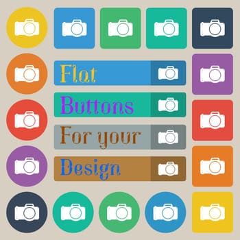 Photo camera sign icon. Digital photo camera symbol. Set of twenty colored flat, round, square and rectangular buttons. illustration