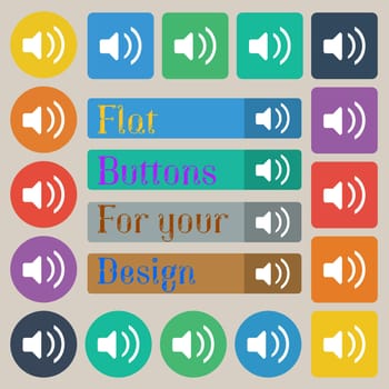 Speaker volume, Sound icon sign. Set of twenty colored flat, round, square and rectangular buttons. illustration