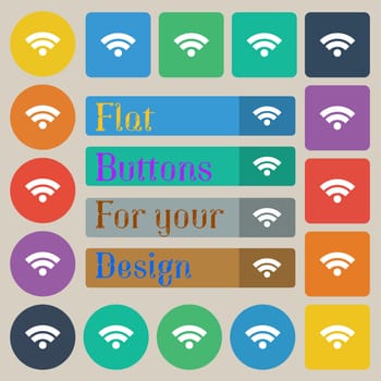 Wifi sign. Wi-fi symbol. Wireless Network icon. Wifi zone. Set of twenty colored flat, round, square and rectangular buttons. illustration