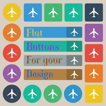 Airplane sign. Plane symbol. Travel icon. Flight flat label. Set of twenty colored flat, round, square and rectangular buttons. illustration