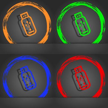 Usb flash drive icon symbol. Fashionable modern style. In the orange, green, blue, green design. illustration