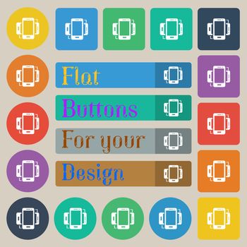 Synchronization sign icon. smartphones sync symbol. Data exchange. Set of twenty colored flat, round, square and rectangular buttons. illustration