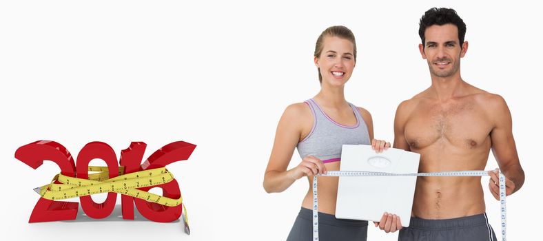 Sporty couple holding scales and measuring tape against white background with vignette