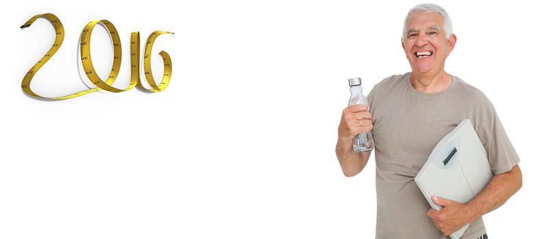 Cheerful senior man with water bottle and scales against white background with vignette