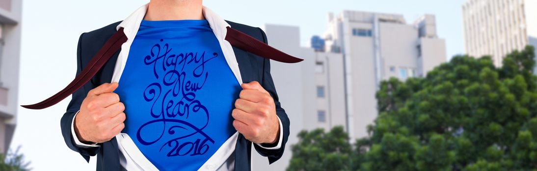 Businessman opening his shirt superhero style against low angle view of city buildings