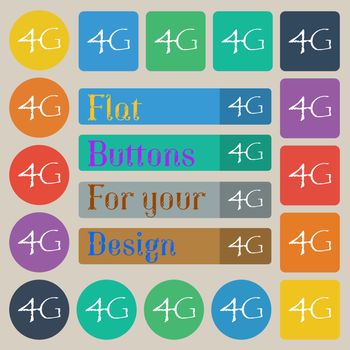 4G sign icon. Mobile telecommunications technology symbol. Set of twenty colored flat, round, square and rectangular buttons. illustration