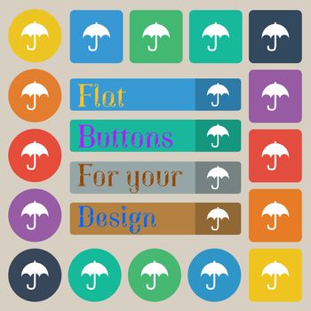 Umbrella icon sign. Set of twenty colored flat, round, square and rectangular buttons. illustration