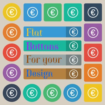 Euro icon sign. Set of twenty colored flat, round, square and rectangular buttons. illustration