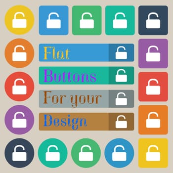 Open Padlock icon sign. Set of twenty colored flat, round, square and rectangular buttons. illustration