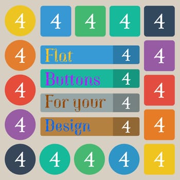 number four icon sign. Set of twenty colored flat, round, square and rectangular buttons. illustration