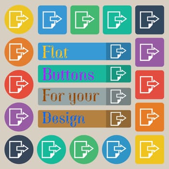 Export file icon. File document symbol. Set of twenty colored flat, round, square and rectangular buttons. illustration