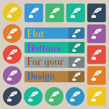 Feather, Retro pen icon sign. Set of twenty colored flat, round, square and rectangular buttons. illustration
