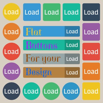 Download now icon. Load symbol. Set of twenty colored flat, round, square and rectangular buttons. illustration