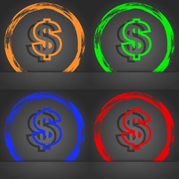 Dollar icon symbol. Fashionable modern style. In the orange, green, blue, green design. illustration