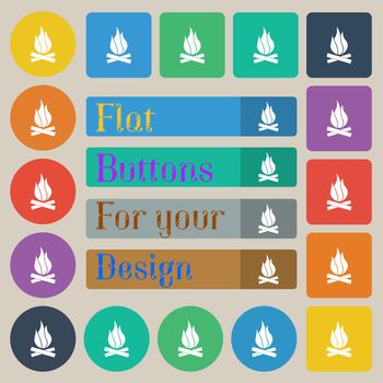 A fire icon sign. Set of twenty colored flat, round, square and rectangular buttons. illustration