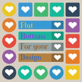 Heart, Love icon sign. Set of twenty colored flat, round, square and rectangular buttons. illustration