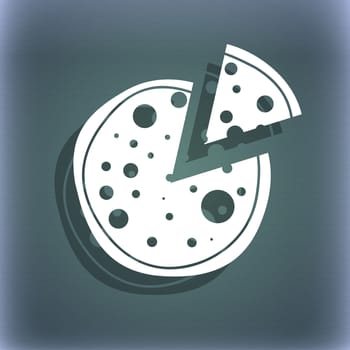 Pizza Icon. On the blue-green abstract background with shadow and space for your text. illustration