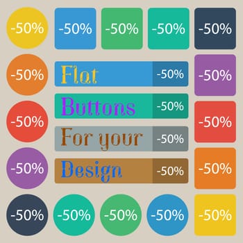 50 percent discount sign icon. Sale symbol. Special offer label. Set of twenty colored flat, round, square and rectangular buttons. illustration