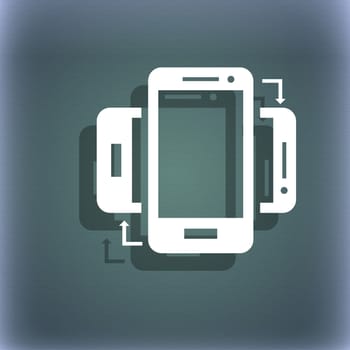 Synchronization sign icon. smartphones sync symbol. Data exchange. On the blue-green abstract background with shadow and space for your text. illustration