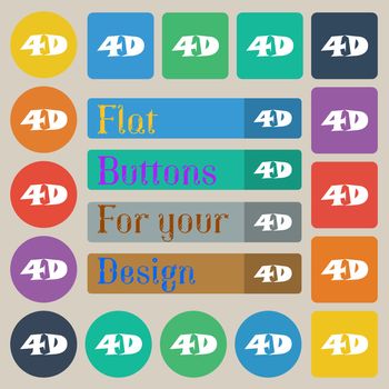 4D sign icon. 4D New technology symbol. Set of twenty colored flat, round, square and rectangular buttons. illustration