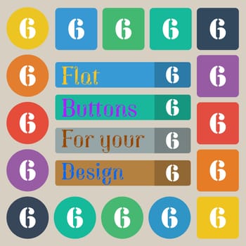 number six icon sign. Set of twenty colored flat, round, square and rectangular buttons. illustration