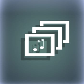 Mp3 music format sign icon. Musical symbol. On the blue-green abstract background with shadow and space for your text. illustration