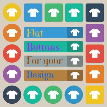 t-shirt icon sign. Set of twenty colored flat, round, square and rectangular buttons. illustration