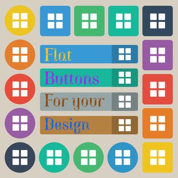 List menu, Content view options icon sign. Set of twenty colored flat, round, square and rectangular buttons. illustration