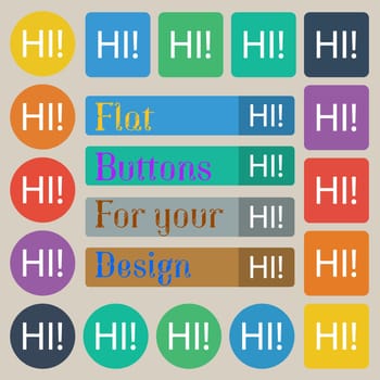 HI sign icon. India translation symbol. Set of twenty colored flat, round, square and rectangular buttons. illustration