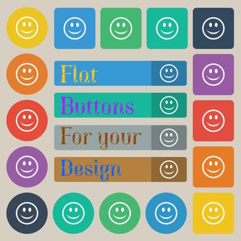 Smile, Happy face icon sign. Set of twenty colored flat, round, square and rectangular buttons. illustration