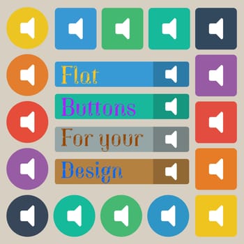 Speaker volume, Sound icon sign. Set of twenty colored flat, round, square and rectangular buttons. illustration