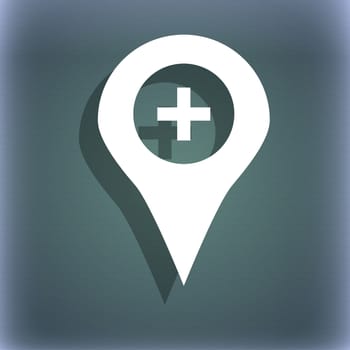 Plus Map pointer, GPS location icon symbol on the blue-green abstract background with shadow and space for your text. illustration