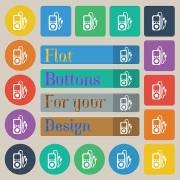 MP3 player, headphones, music icon sign. Set of twenty colored flat, round, square and rectangular buttons. illustration