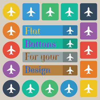 Airplane, Plane, Travel, Flight icon sign. Set of twenty colored flat, round, square and rectangular buttons. illustration