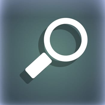 Magnifier glass sign icon. Zoom tool button. Navigation search symbol. On the blue-green abstract background with shadow and space for your text. illustration