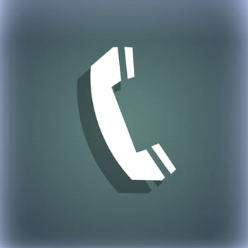 Phone sign icon. Support symbol. Call center. On the blue-green abstract background with shadow and space for your text. illustration