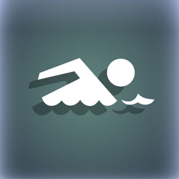 Swimming sign icon. Pool swim symbol. Sea wave. On the blue-green abstract background with shadow and space for your text. illustration