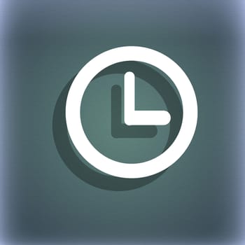 Clock sign icon. Mechanical clock symbol. On the blue-green abstract background with shadow and space for your text. illustration