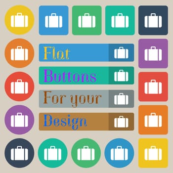 suitcase icon sign. Set of twenty colored flat, round, square and rectangular buttons. illustration