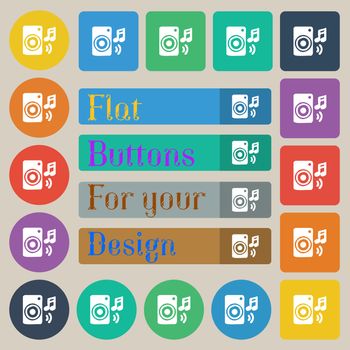 music column, disco, music, melody, speaker icon sign. Set of twenty colored flat, round, square and rectangular buttons. illustration