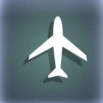 Airplane sign. Plane symbol. Travel icon. Flight flat label. On the blue-green abstract background with shadow and space for your text. illustration