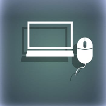 Computer widescreen monitor, mouse sign ico. On the blue-green abstract background with shadow and space for your text. illustration