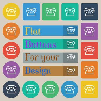 retro telephone handset icon sign. Set of twenty colored flat, round, square and rectangular buttons. illustration