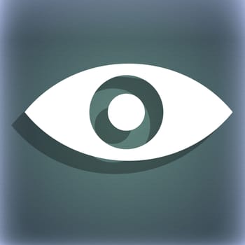 Eye, Publish content, sixth sense, intuition icon symbol on the blue-green abstract background with shadow and space for your text. illustration